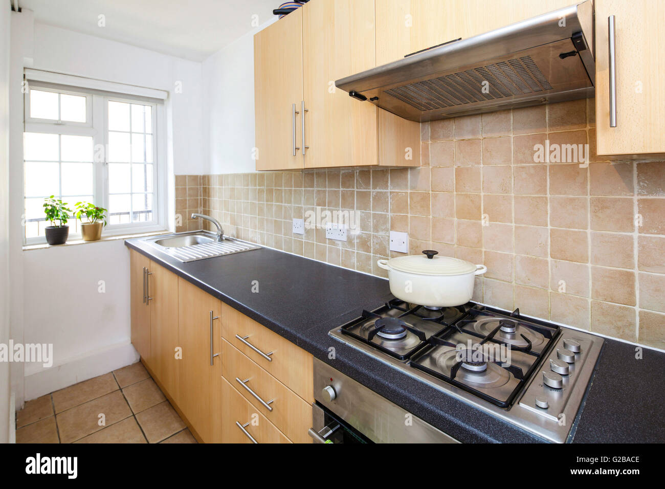 Creighton House, North London. Fresh and clean kitchen with wood cabinets and black countertops. Contemporary design. Stock Photo