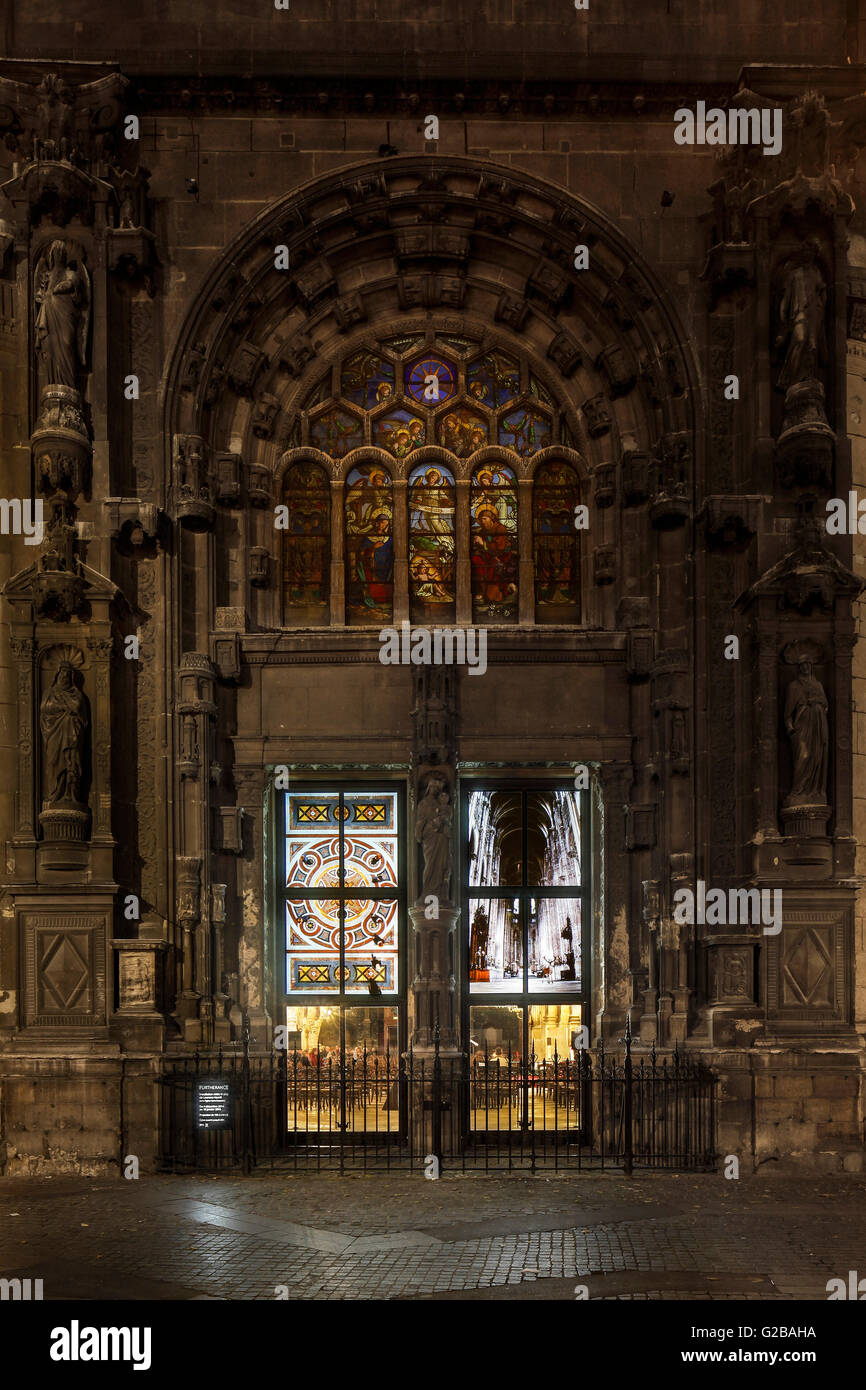 St Eustace. Exterior view of the church with stained glass windows and carvings. Stock Photo