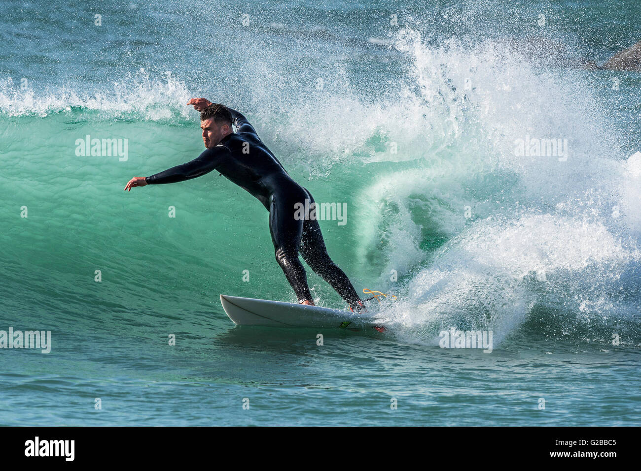 Windy weather creates ideal surfing conditions at Fistral in Newquay