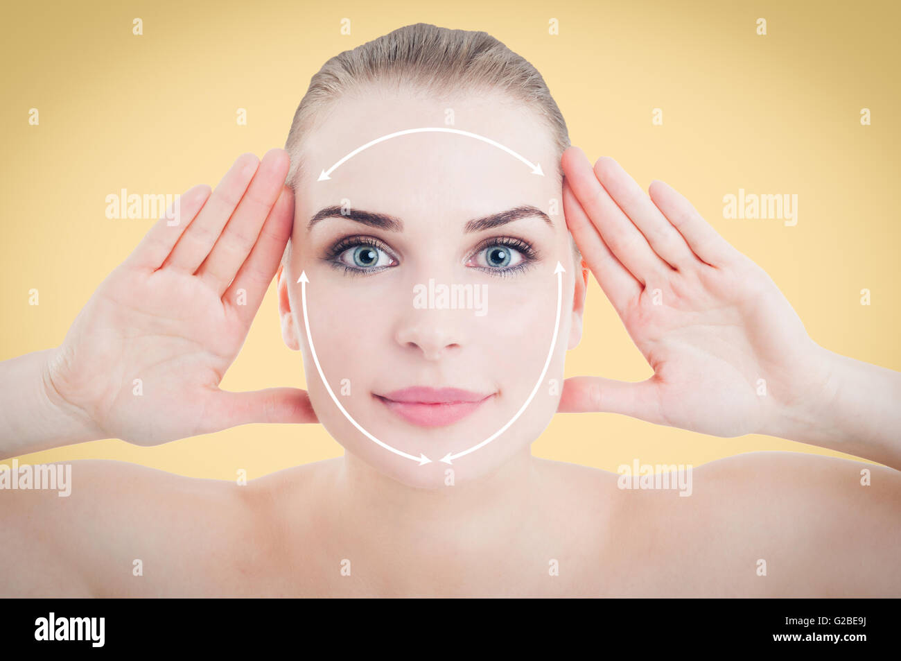 Beautiful smiling woman face ready for cosmetic surgery against orange ...