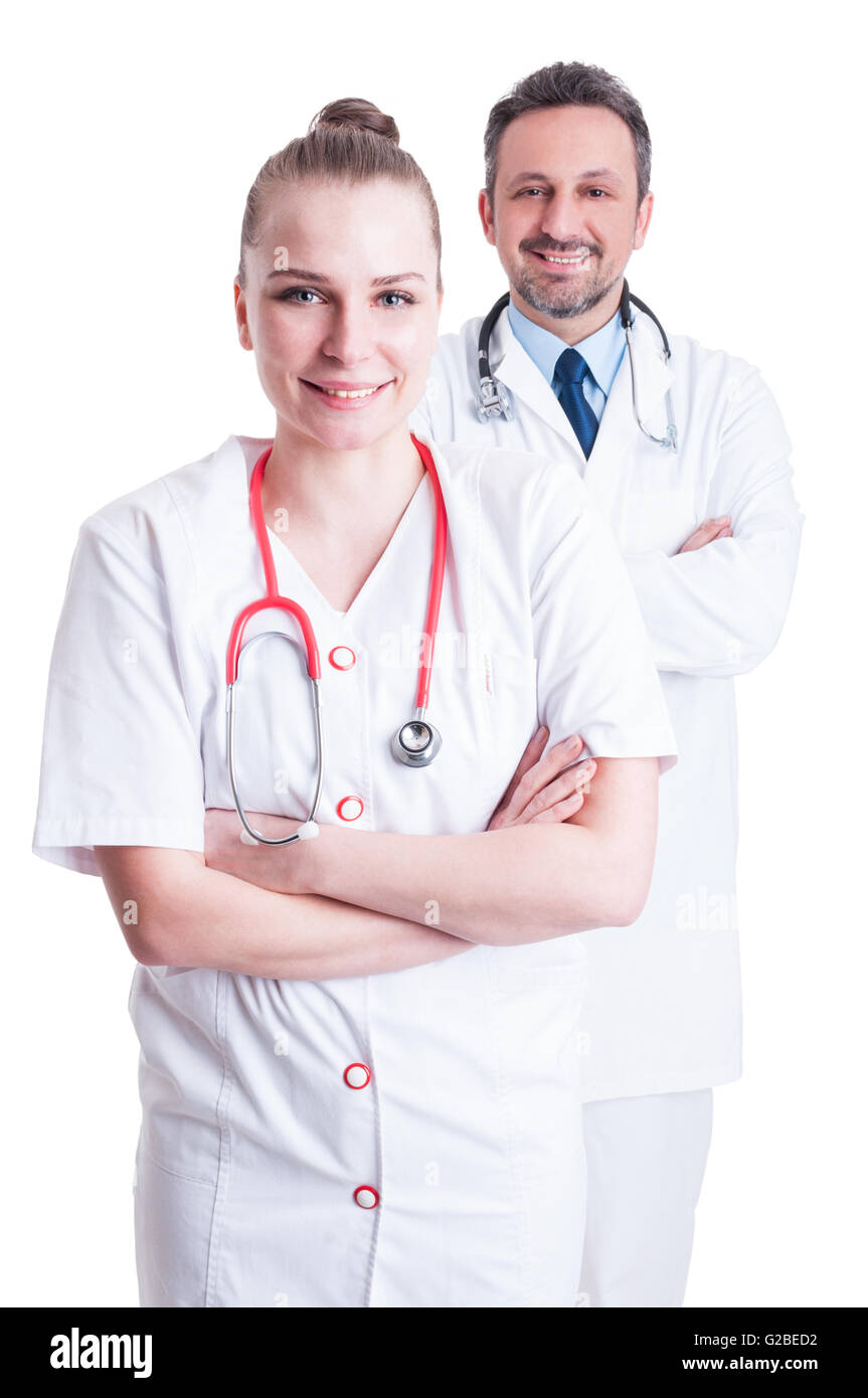 Friendly male and female doctors with stethoscopes and white coats acting confident and cheerful Stock Photo