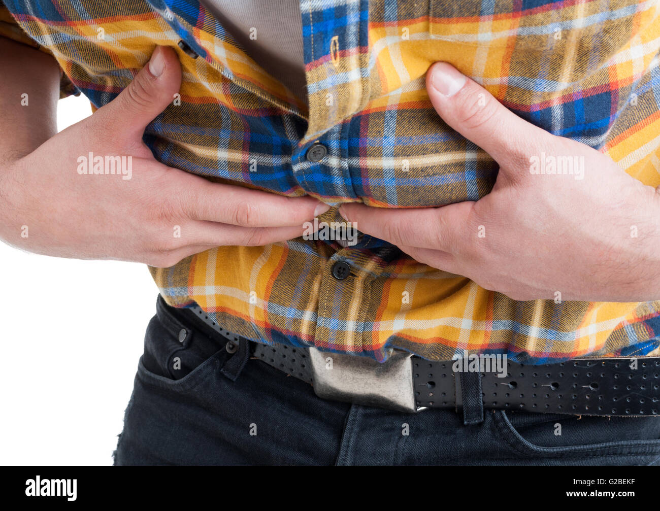 Close up of male with and stomach cramps as diarrhea and