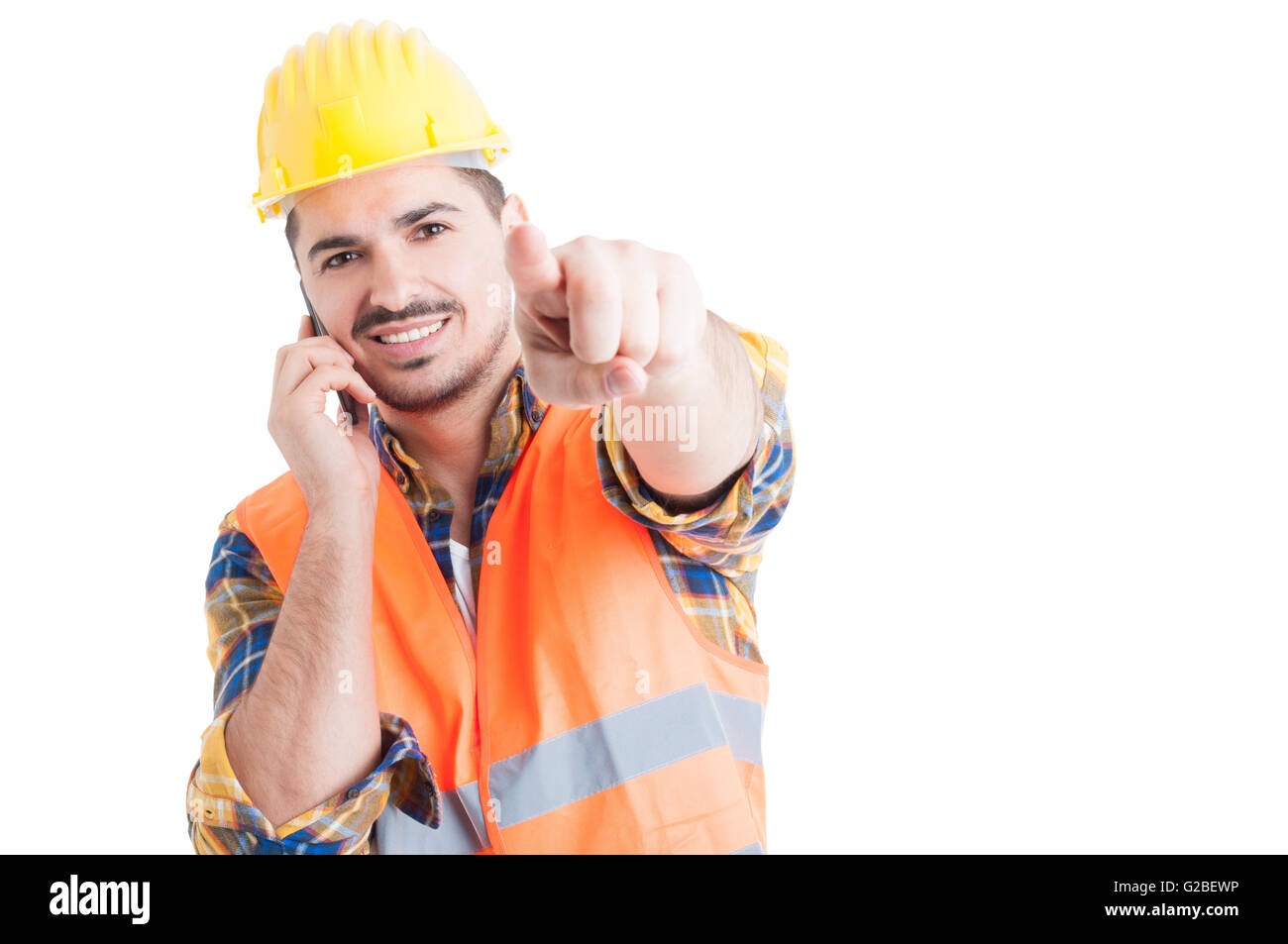 Positive confident engineer smiling and pointing finger at you while ...