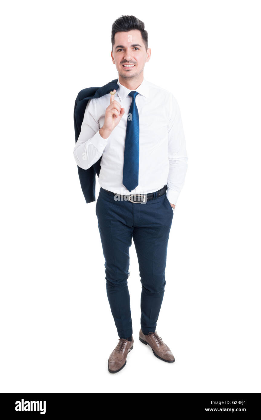 Successful business man posing with one hand in pocket and another holding jacket looking at the camera isolated on white Stock Photo