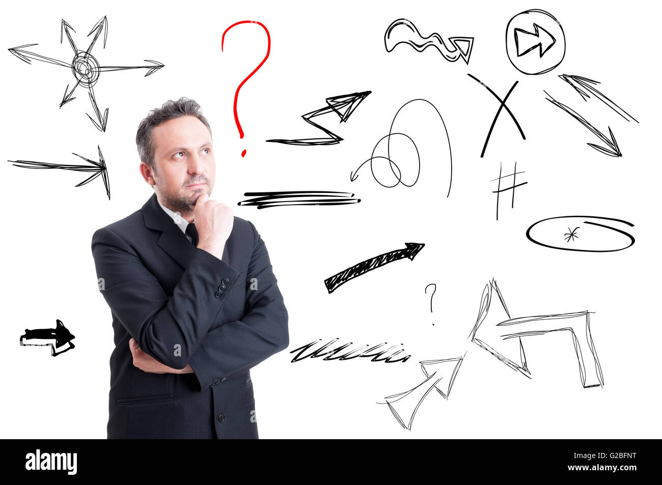 Businessman thinking to a new business project or strategy with arrows on his back on white background Stock Photo