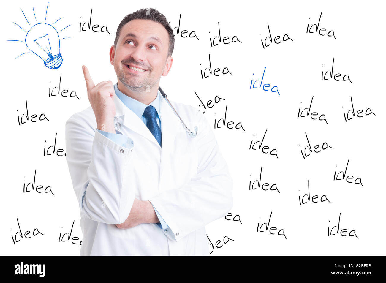Excited handsome successful doctor pointing a great idea or having a revelation on white background with lightbulb above his hea Stock Photo