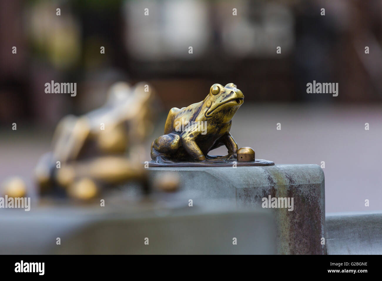 Fountain with golden lucky frog - the symbol of Torun city (Poland ...