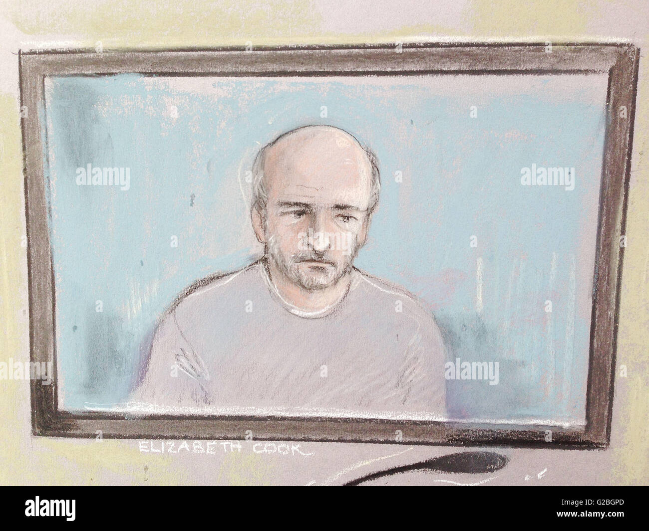 File court artist sketch by Elizabeth Cook dated 04/02/16 of Edward Tenniswood who is accused of killing 20-year-old India Chipchase, is due to stand trial in July. Stock Photo