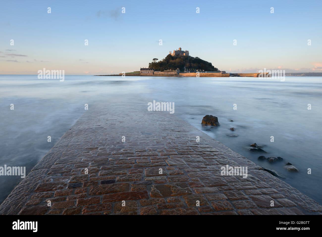 St Michael's Mount, Cornwall, with its causeway just visible beneath the water. Stock Photo