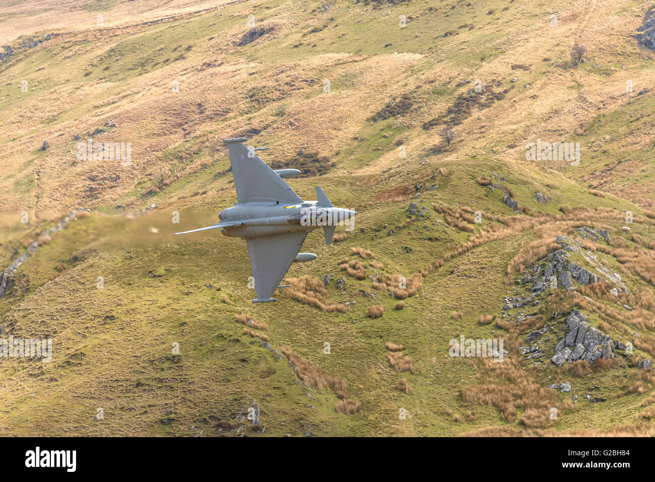 Typhoon Eurofighter Mach Loop Wales Uk. low level flying. Stock Photo