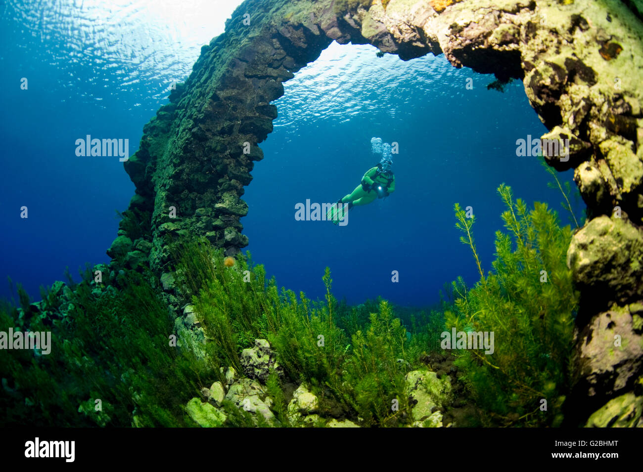 Scuba diver in the underwater world of the lake Lago Capo d'Acqua,  Capistrano, L'Aquila, Italy Stock Photo - Alamy