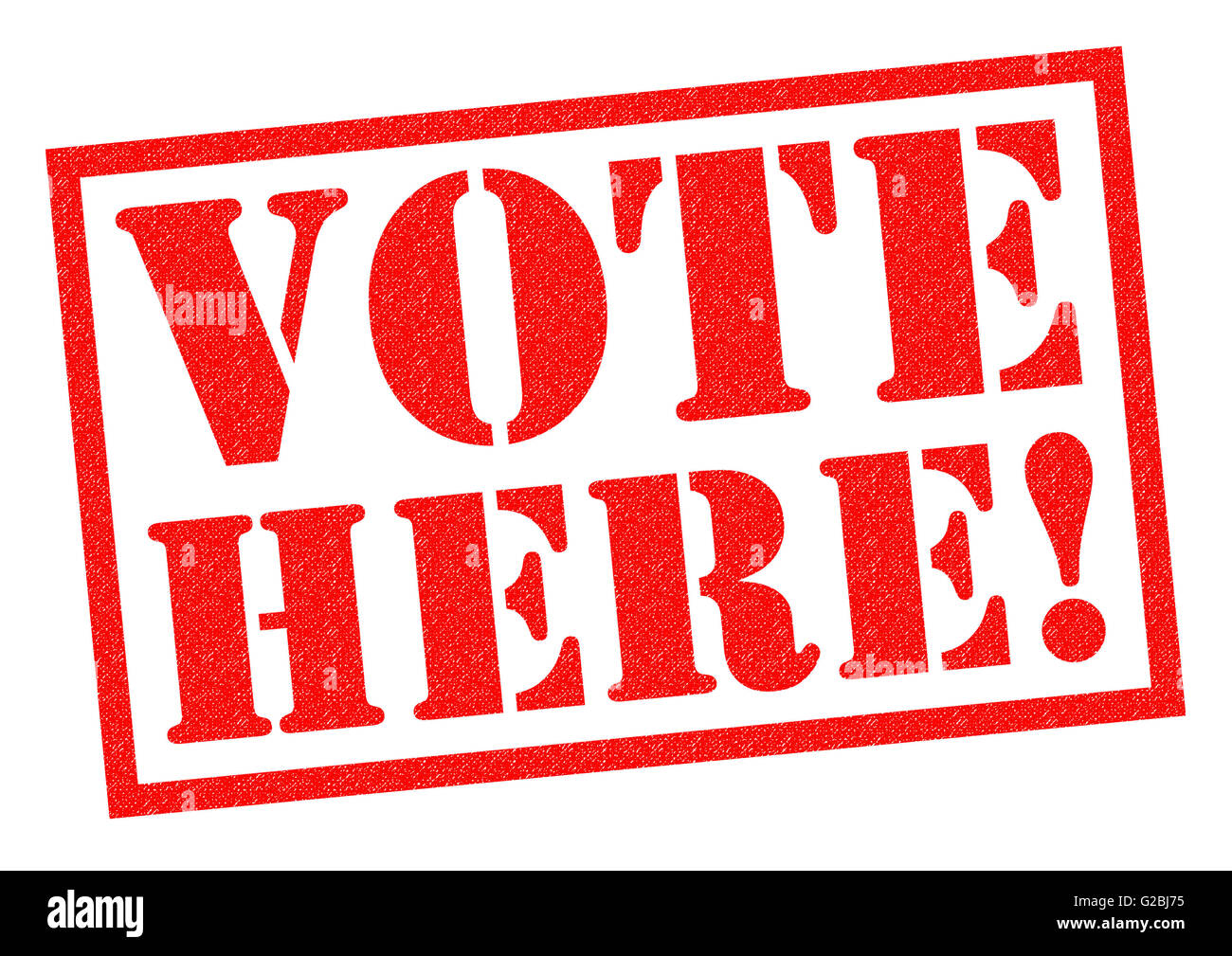 VOTE HERE! red Rubber Stamp over a white background. Stock Photo