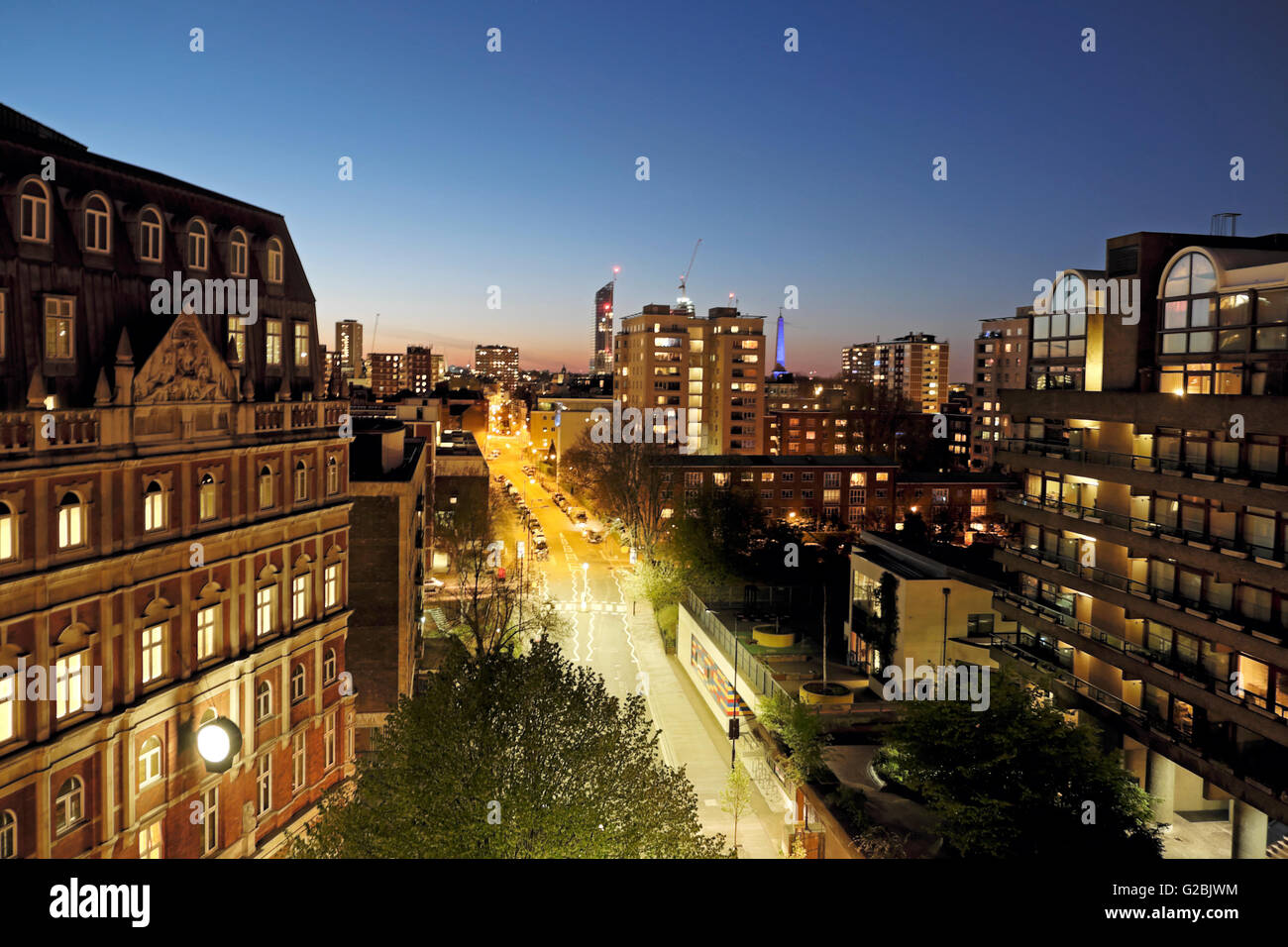Aerial night view along Golden Lane from a Barbican flat in London EC2Y  KATHY DEWITT Stock Photo