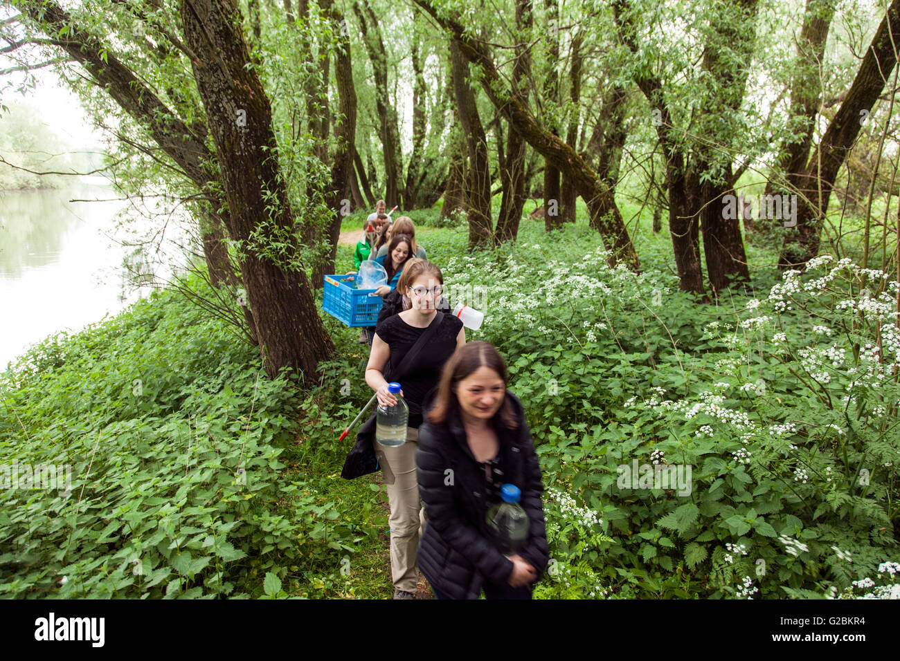 Biology students on excursion to a nature reserve in the Lower Rhine. Stock Photo