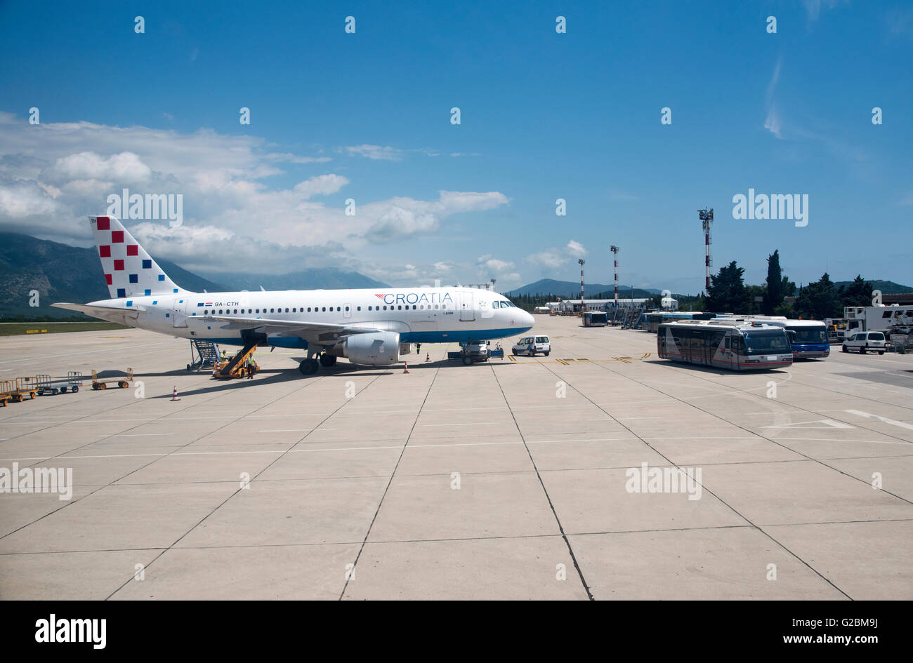 DUBROVNIK INTERNATIONAL AIRPORT CROATIA - MAY 2016 - A Croatia Airlines jet on the apron at Dubrovnik Airport Stock Photo