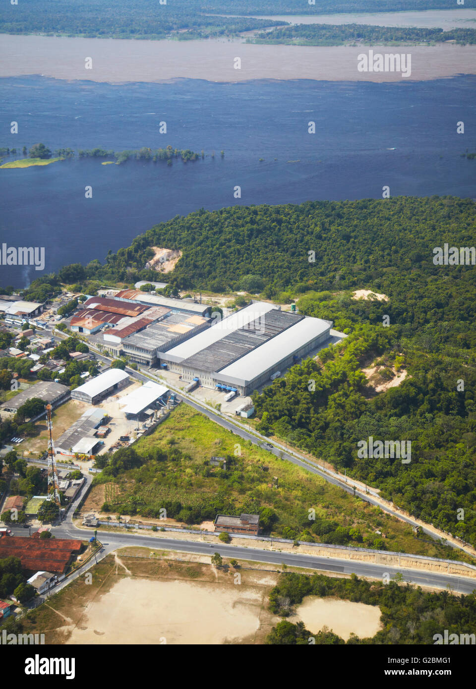 Aerial view of industrial estate on Rio Negro, Manaus, Amazonas, Brazil