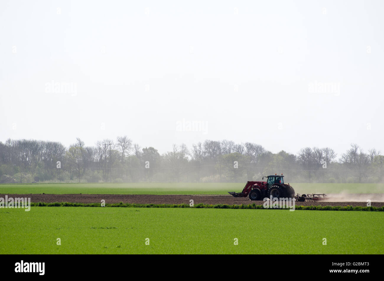 Tractor working in dry fields with a lot of dust in the air Stock Photo