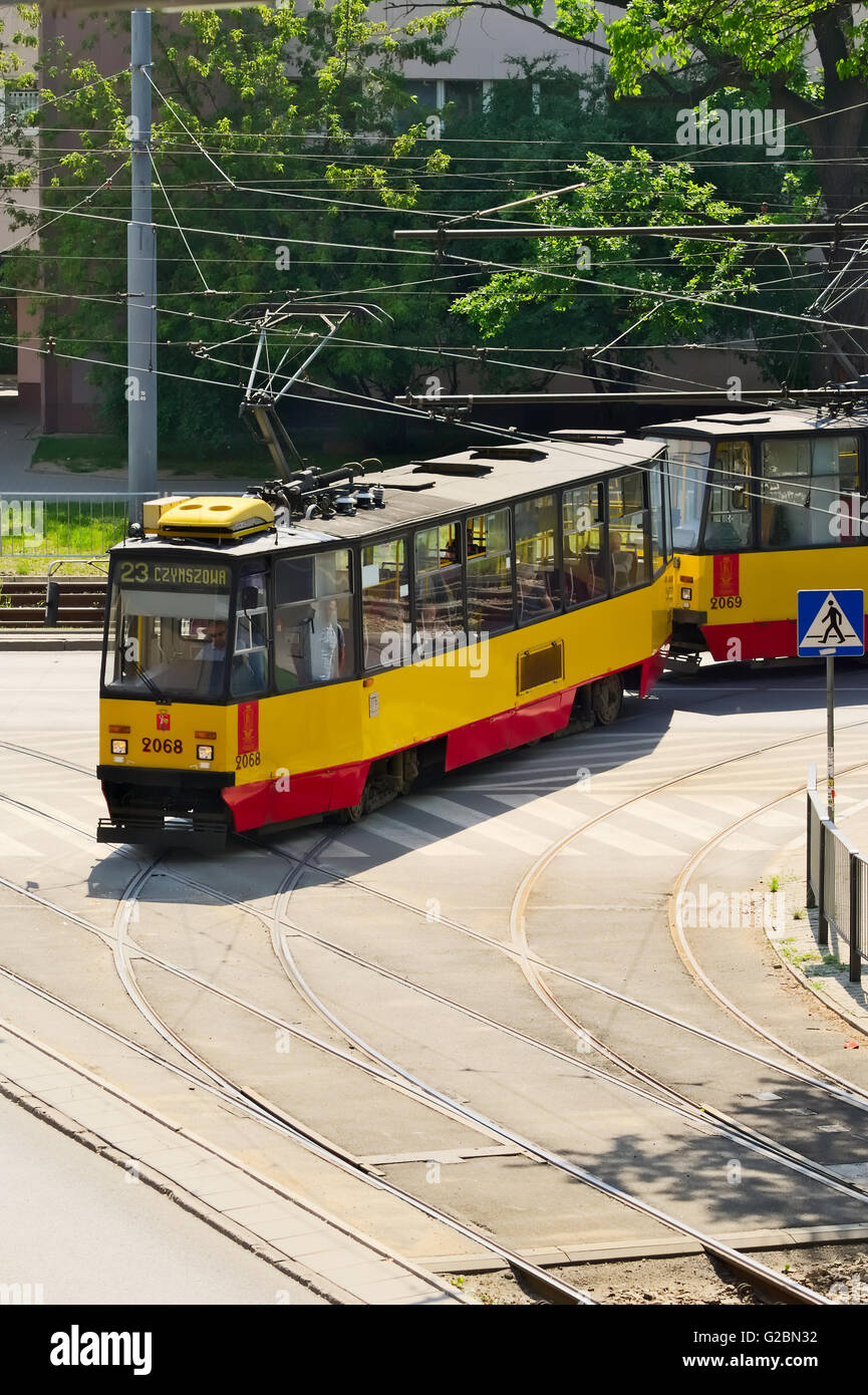 Aerial view of tram on May 23, 2016 in Warsaw, Poland. 105Na tram type running on 11 Listopada street in Warsaw. Stock Photo
