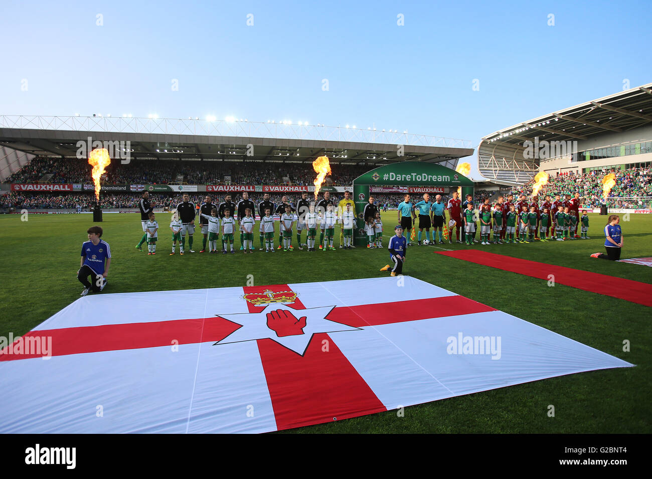 Northern Ireland and Belarus players line up before the International Friendly at Windsor Park, Belfast. Stock Photo