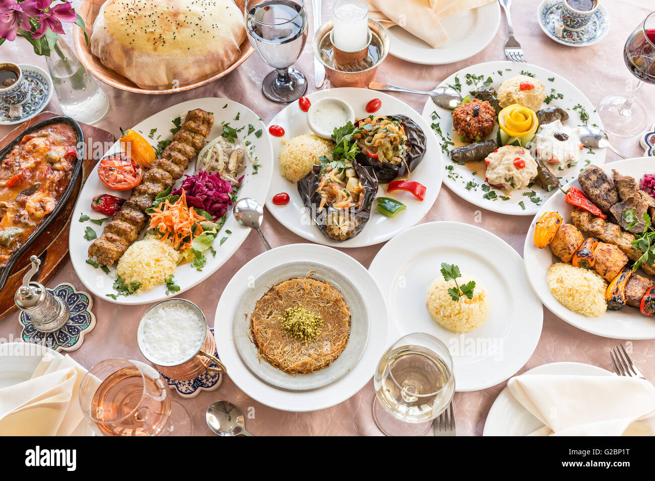 A spread of traditional Turkish food at The Istanbul Kebab House restaurant in Burlington, VT. Stock Photo