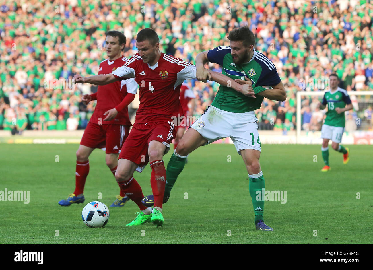Belarus' Igor Shitov (left) and Northern Ireland's Stuart Dallas battle for the ball during the International Friendly at Windsor Park, Belfast. Stock Photo