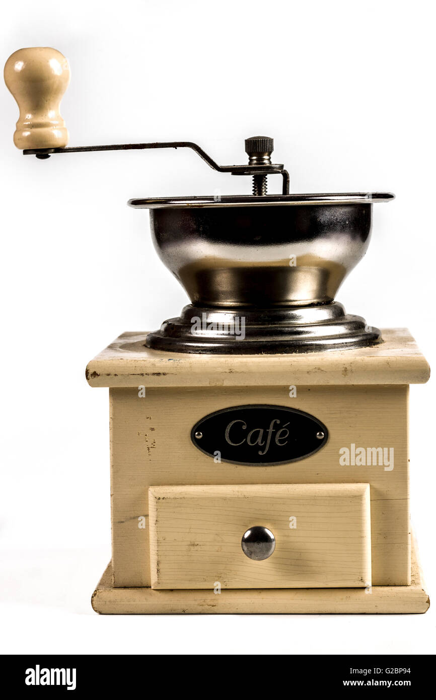Old Manual Wooden Coffee Grinder on White Background Stock Photo