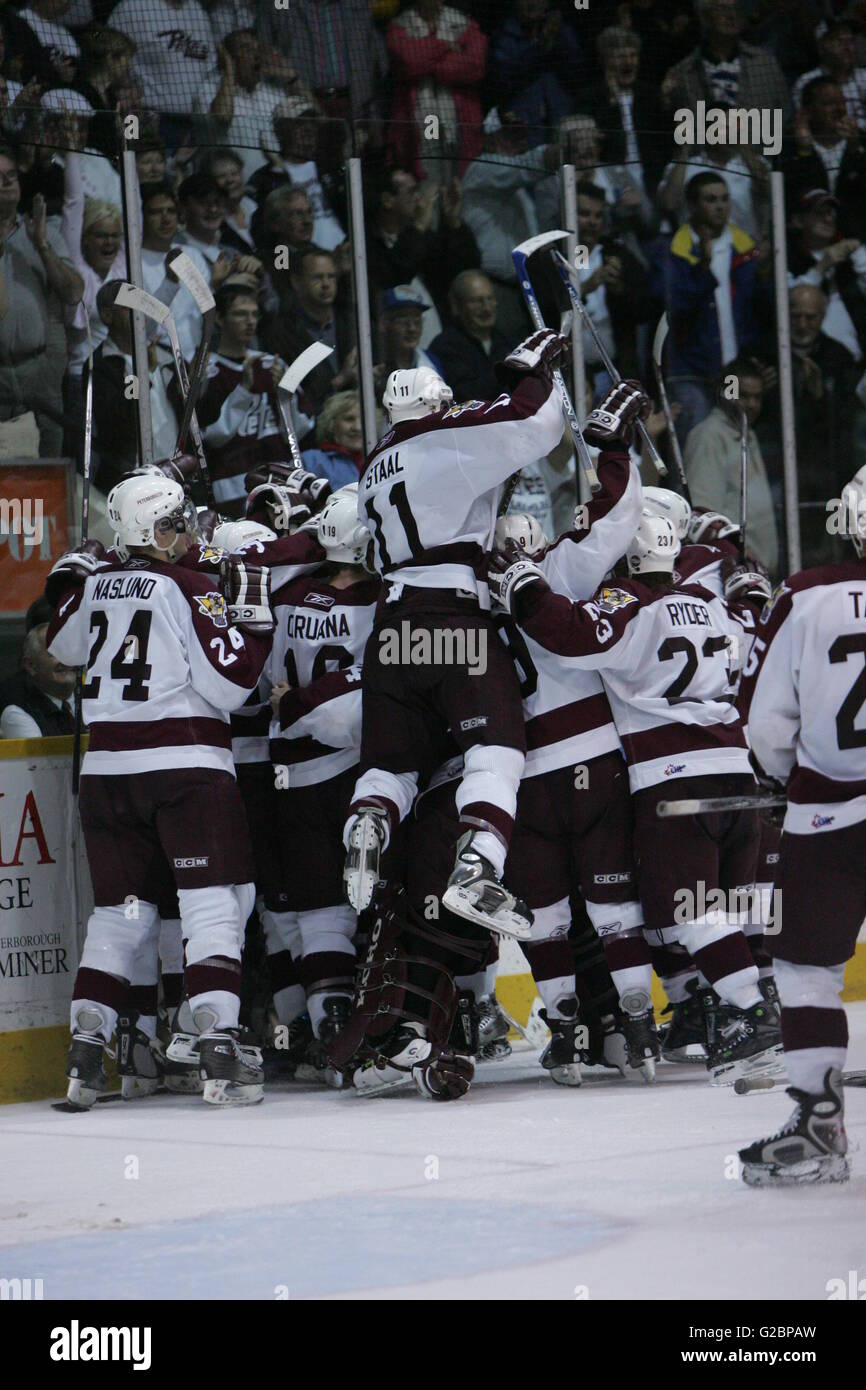 Peterborough Petes celebrate their OHL championship Victory as they sweep the defending champion London Knights in 4 straight Stock Photo