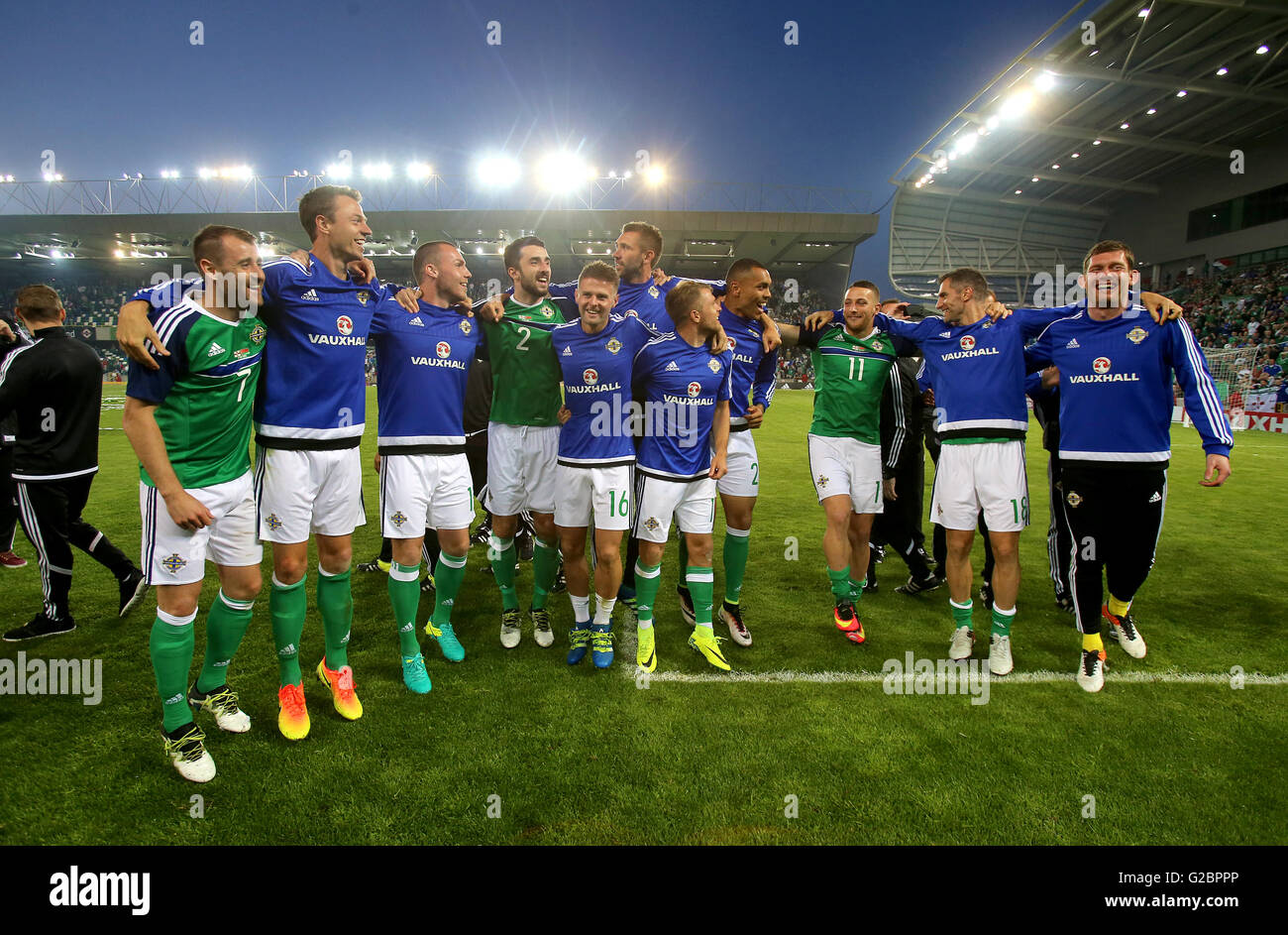 Northern Ireland players during a celebration send-off before the players leave for Euro 2016 after the International Friendly at Windsor Park, Belfast. Stock Photo