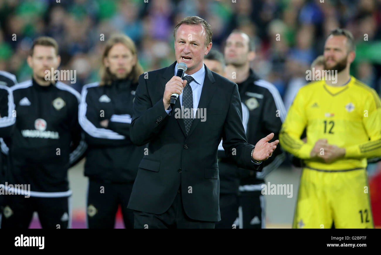 Northern Ireland manager Michael O'Neill during a celebration send-off before the team leaves for Euro 2016 after the International Friendly at Windsor Park, Belfast. Stock Photo