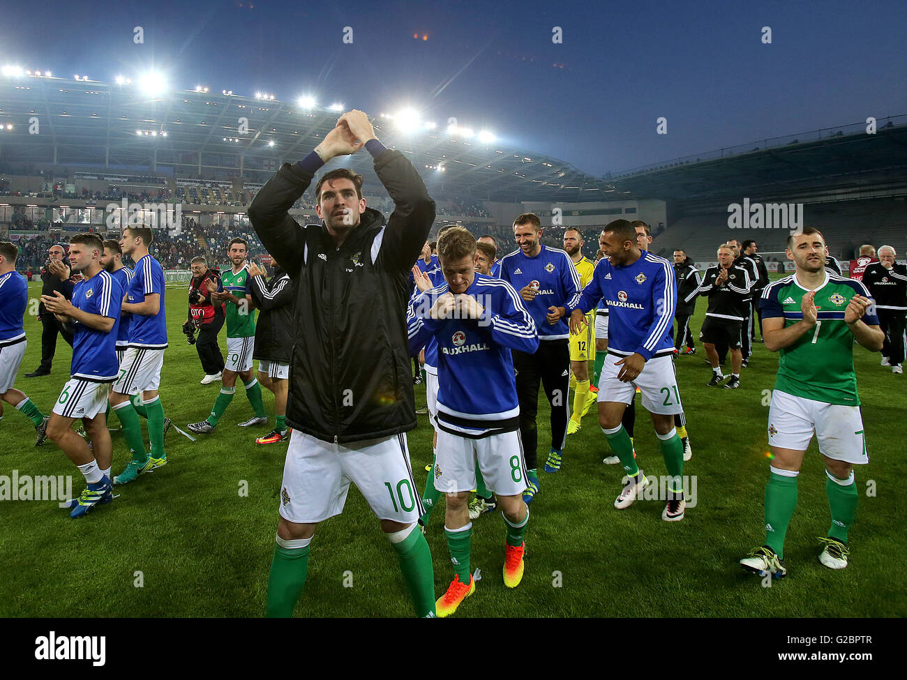 Northern Ireland players during a celebration send-off before the team leaves for Euro 2016 after the International Friendly at Windsor Park, Belfast. Stock Photo