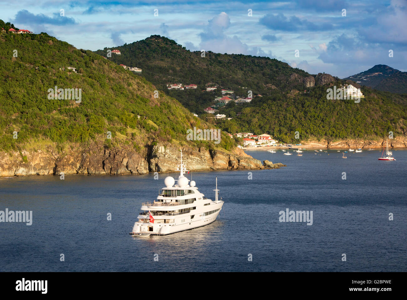 Super yacht 'Naia' anchored outside the harbor of Gustavia, St Barths, French West Indies Stock Photo