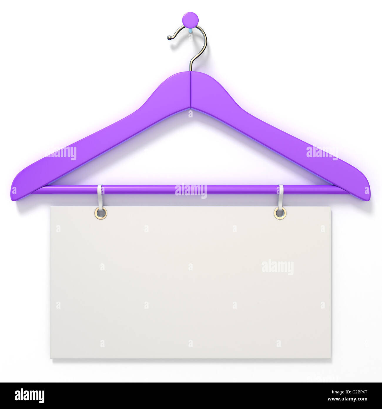 Purple hanger with blank tag. 3D render illustration isolated on white background Stock Photo