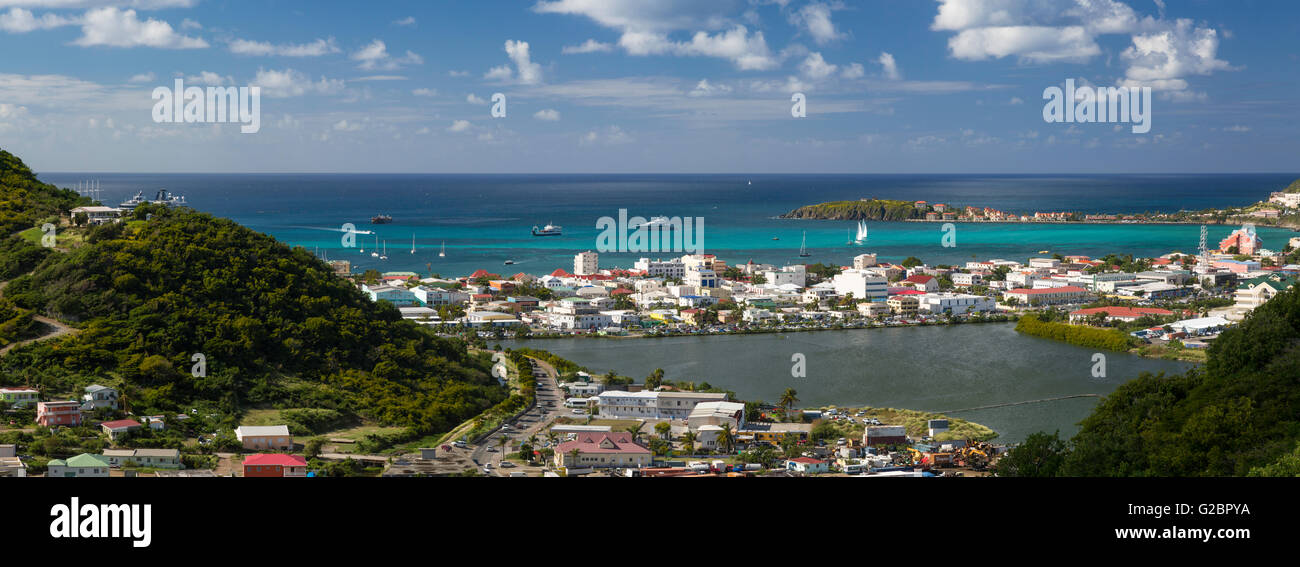 Panoramic view over Philipsburg, Sint Maarten, Dutch Antillies Stock Photo