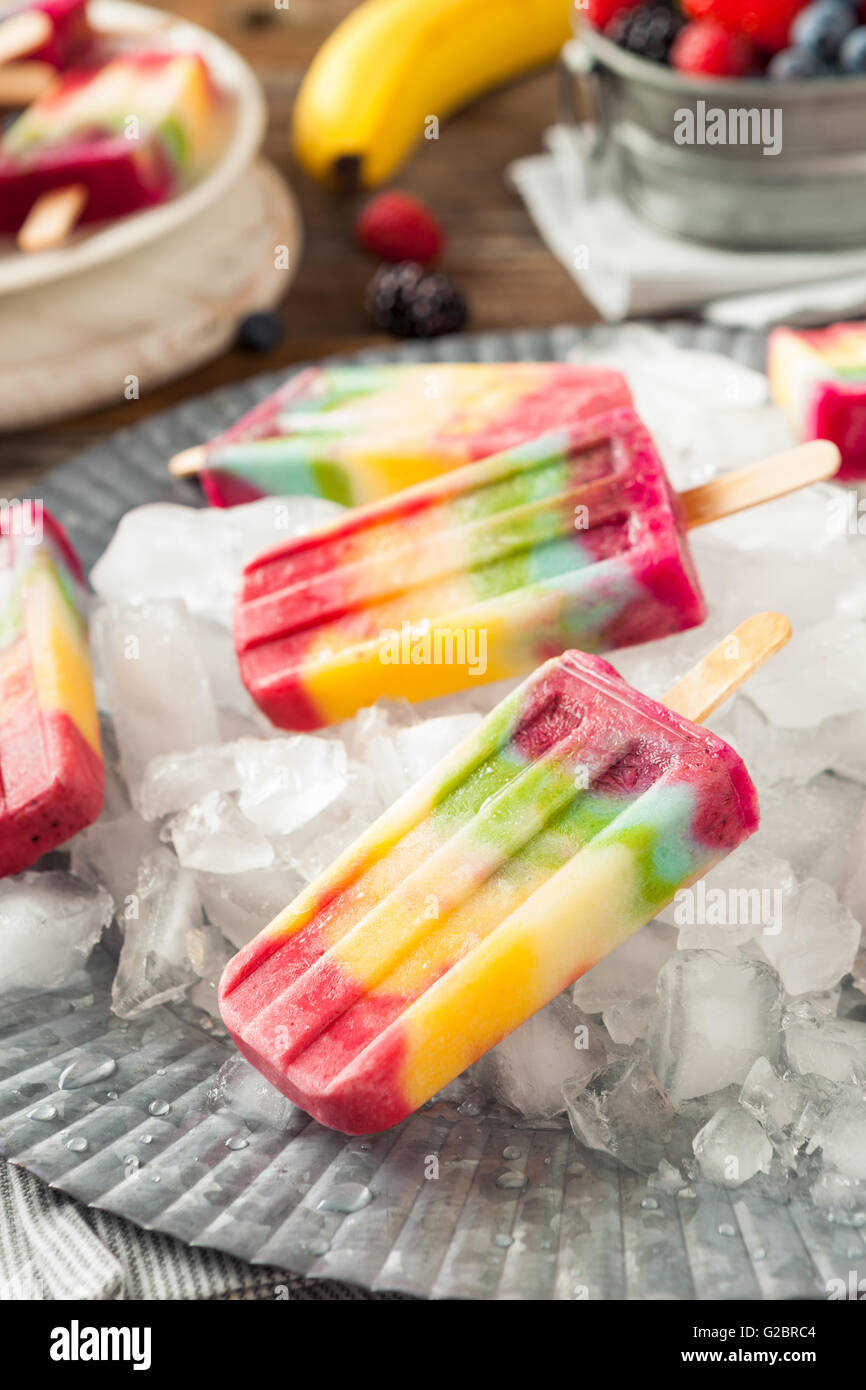 Healthy Homemade Rainbow Popsicles with Assorted Fruits Stock Photo