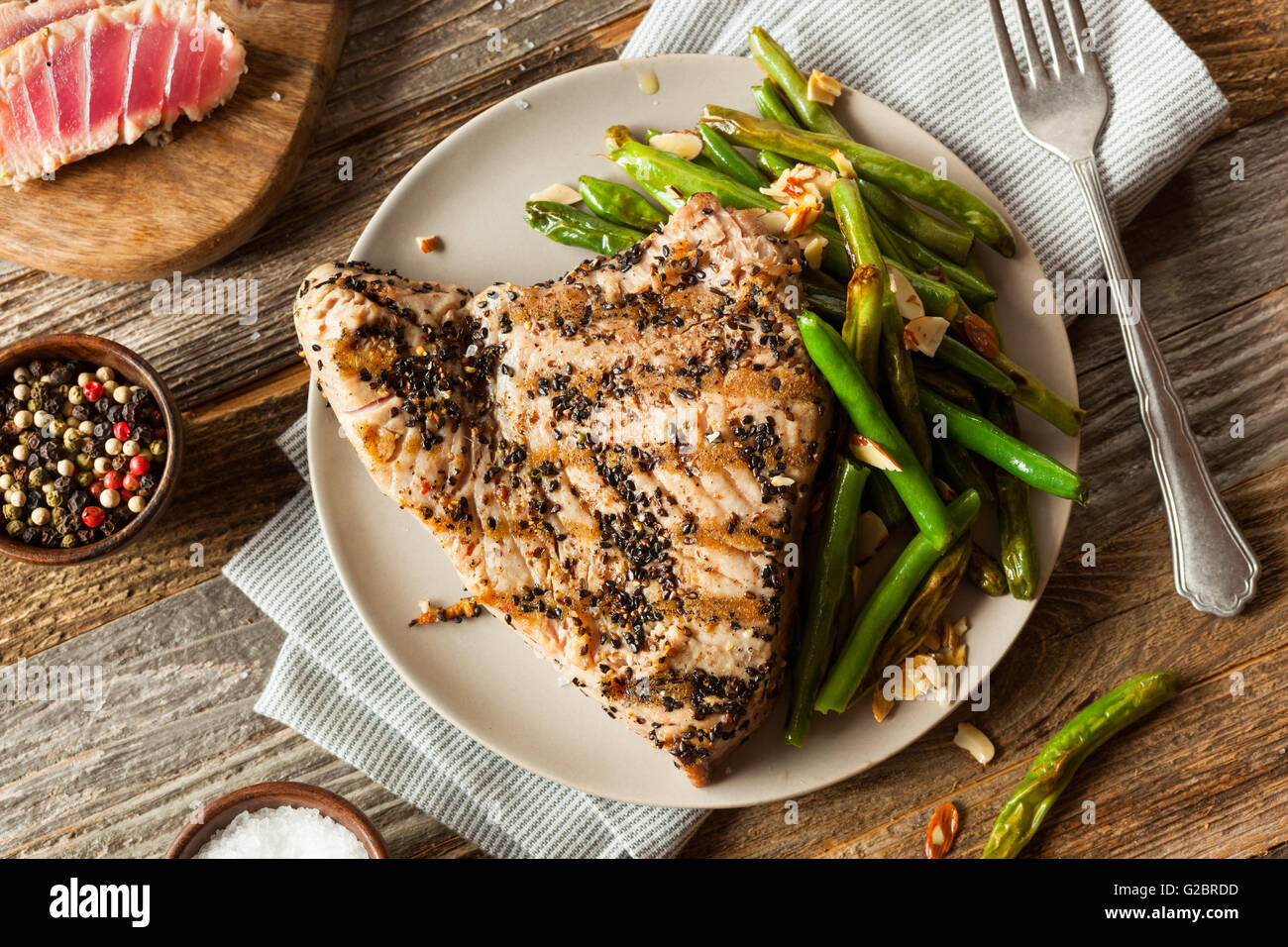 Homemade Grilled Sesame Tuna Steak with Soy Sauce Stock Photo