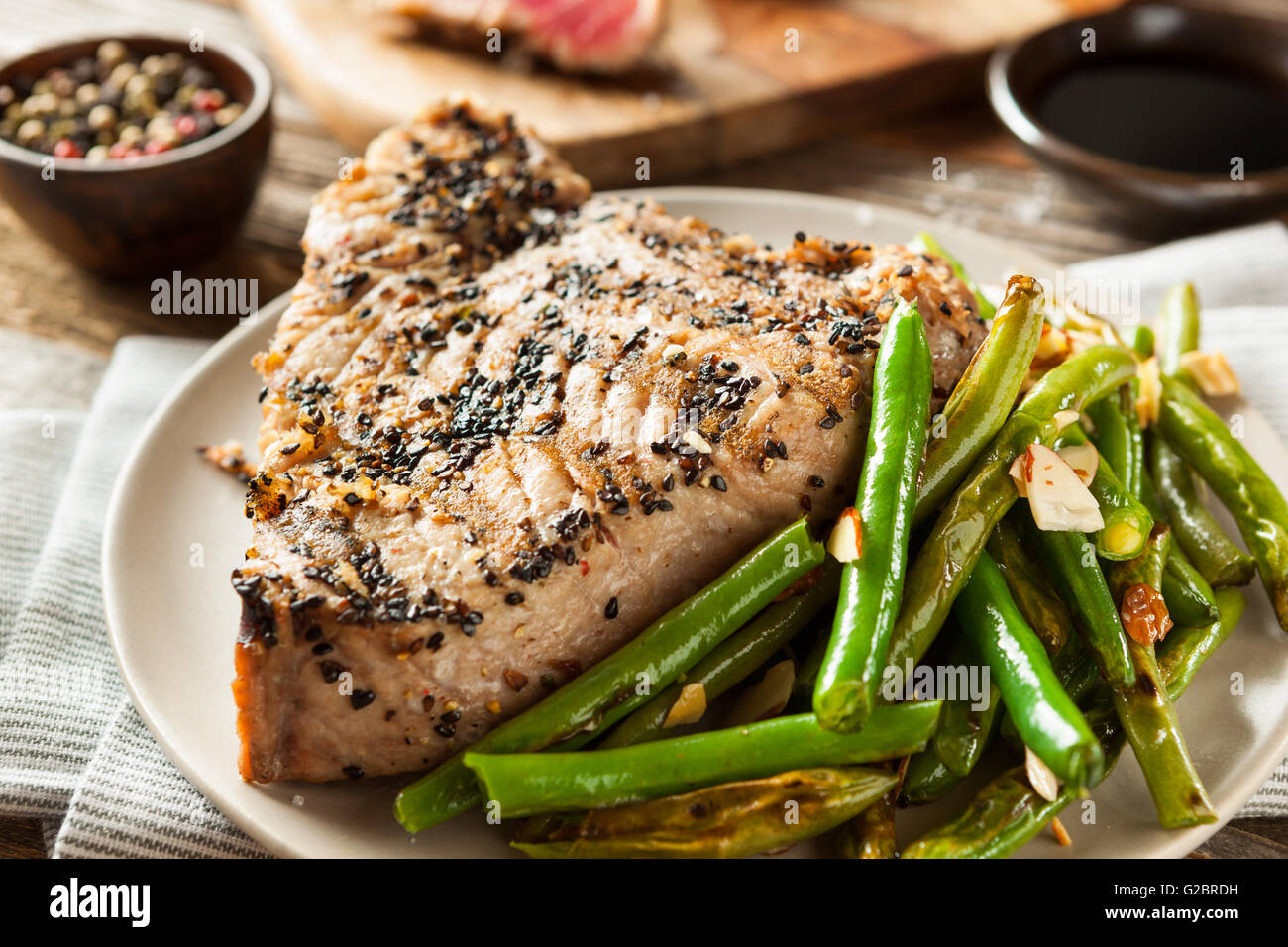 Homemade Grilled Sesame Tuna Steak with Soy Sauce Stock Photo