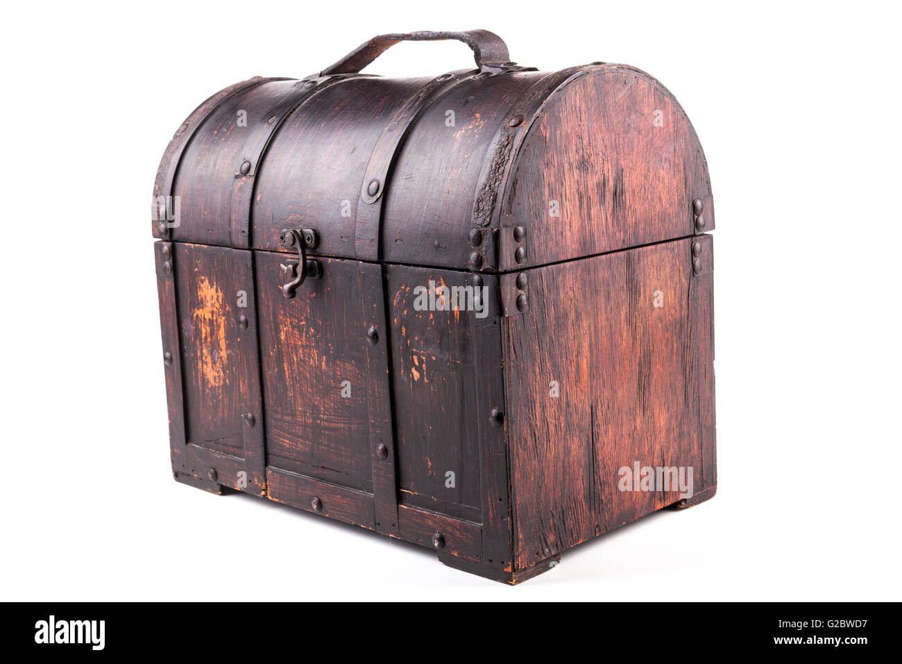 Old wooden chest box with treasure isolated on white background. Stock  Illustration