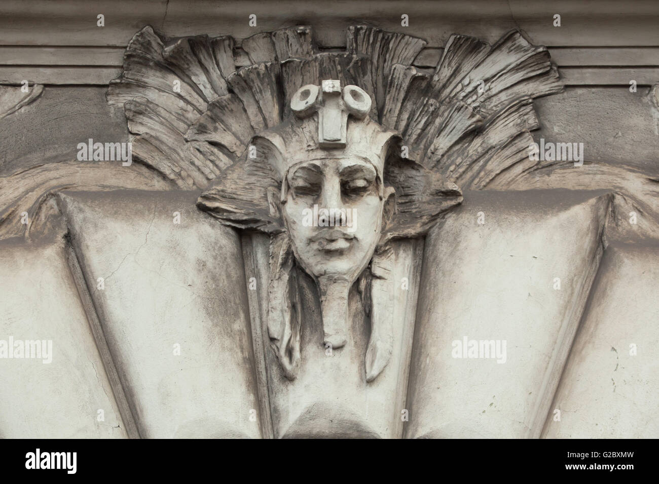 Allegorical mascaron dedicated to Egyptian Railways on the Art Nouveau building of the Main Railway Station in Prague, Czech Rep Stock Photo