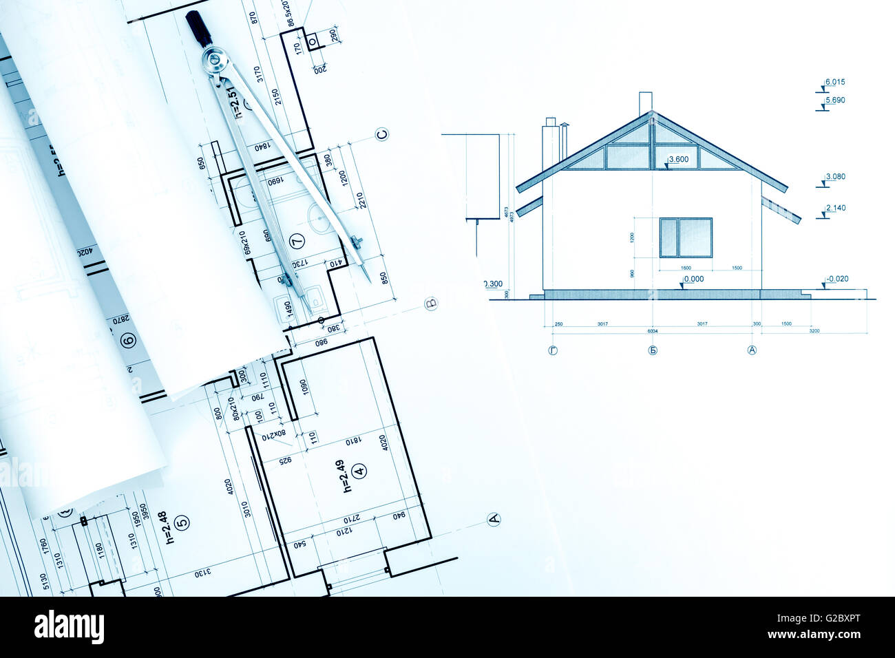 architectural background with blueprints, rolls and house plan Stock ...