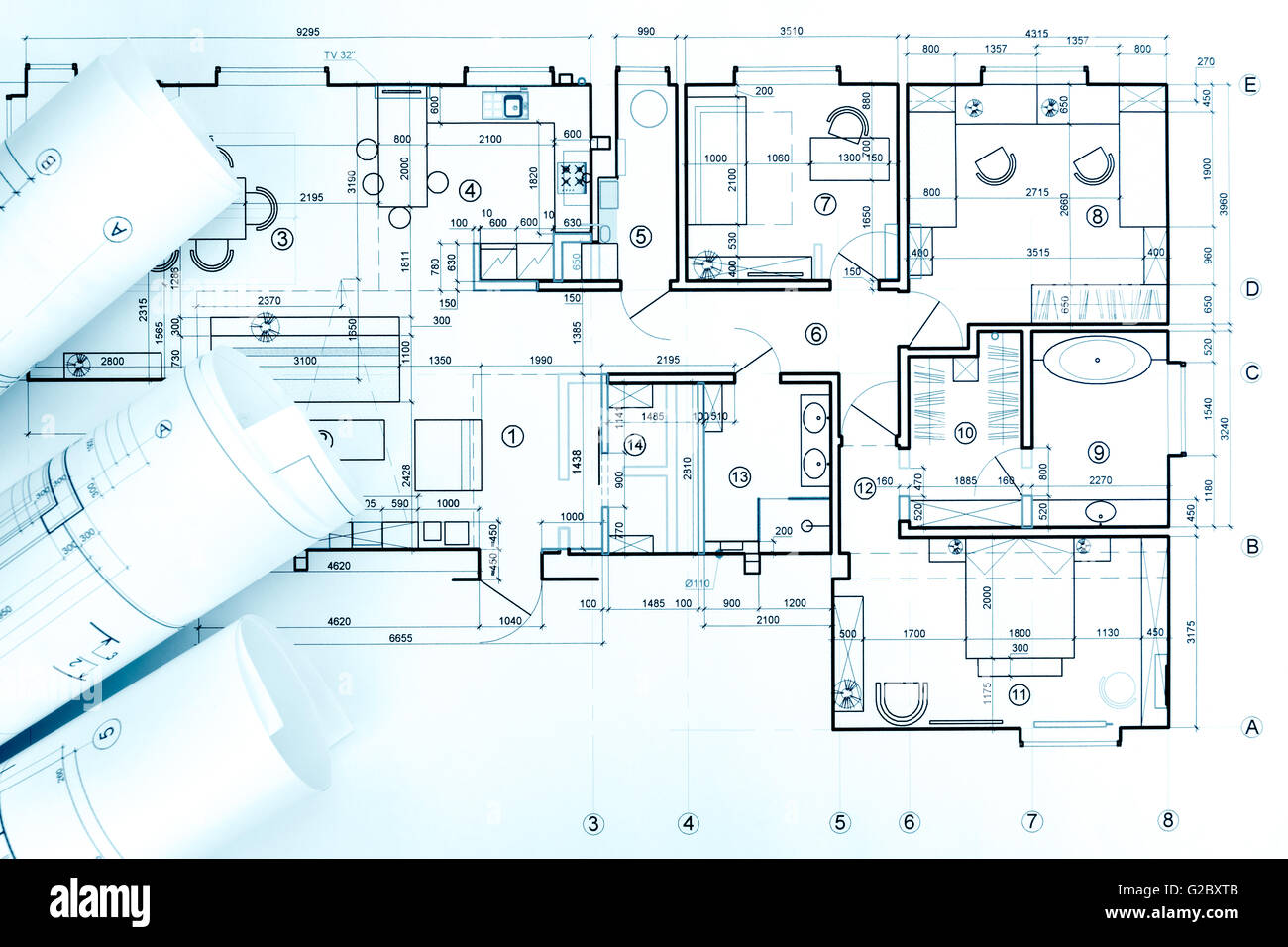 architectural plan, rolls and technical project drawing Stock Photo