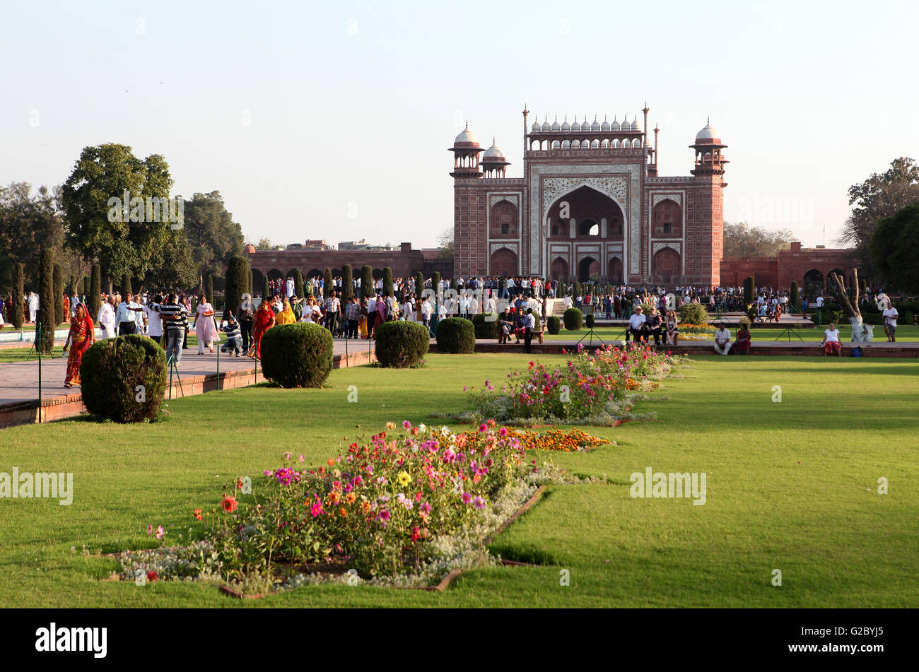 People passing through the entrance gate to the Taj Mahal, Agra, Uttar Pradesh, India Stock Photo