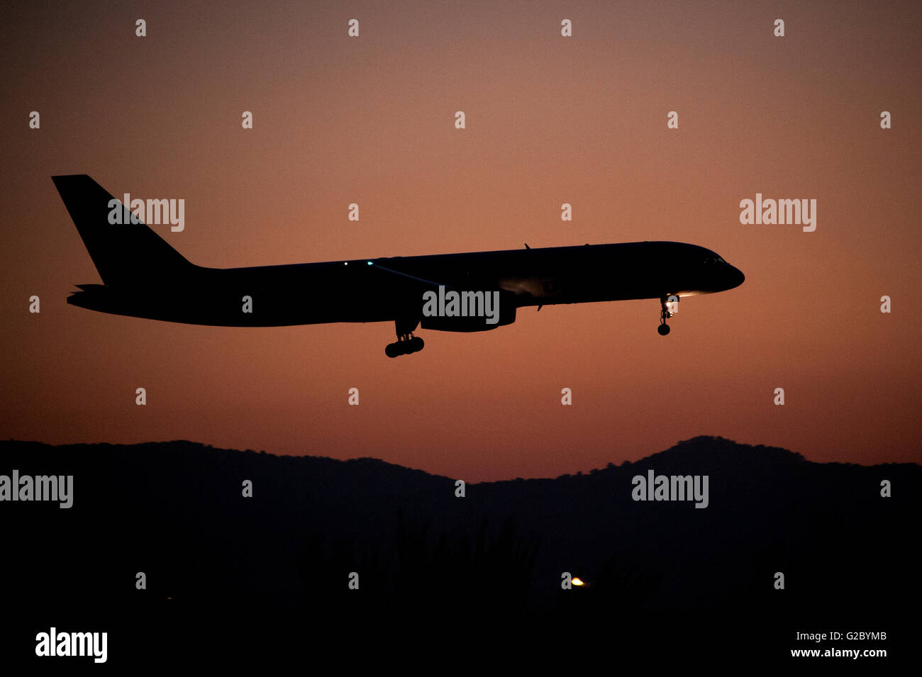 Aircraft approaching Dalaman Airport at dusk, Dalaman, Muğla Province