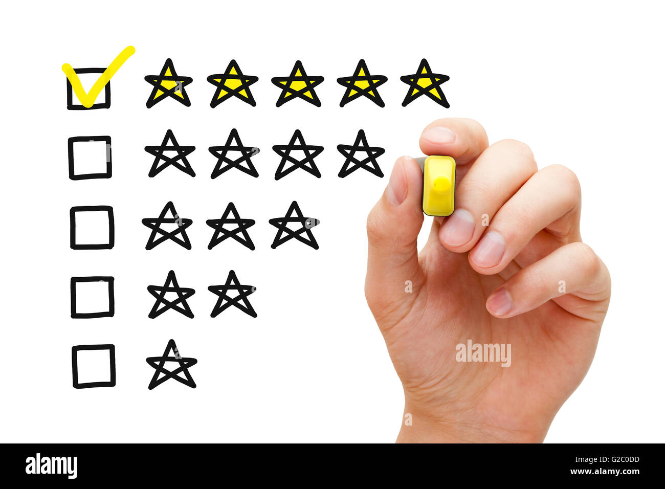 Hand putting check mark with yellow marker on five star rating. Customer satisfaction concept. Stock Photo