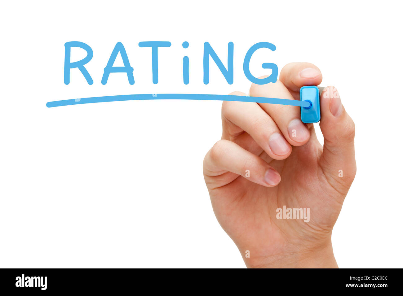 Hand writing Rating with blue marker on transparent wipe board. Stock Photo