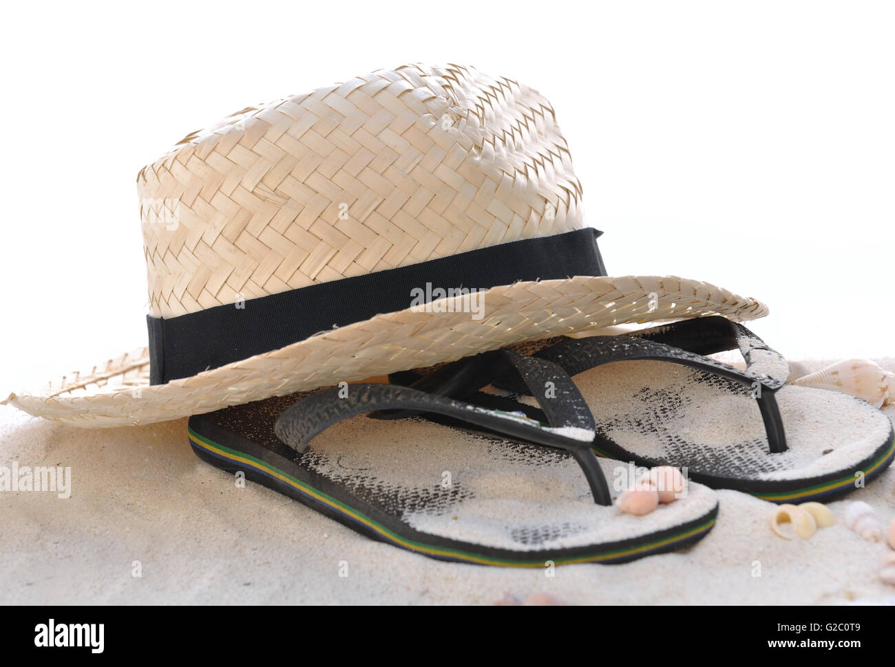 straw-hat-and-flip-flops-on-the-sand-on-white-background-stock-photo