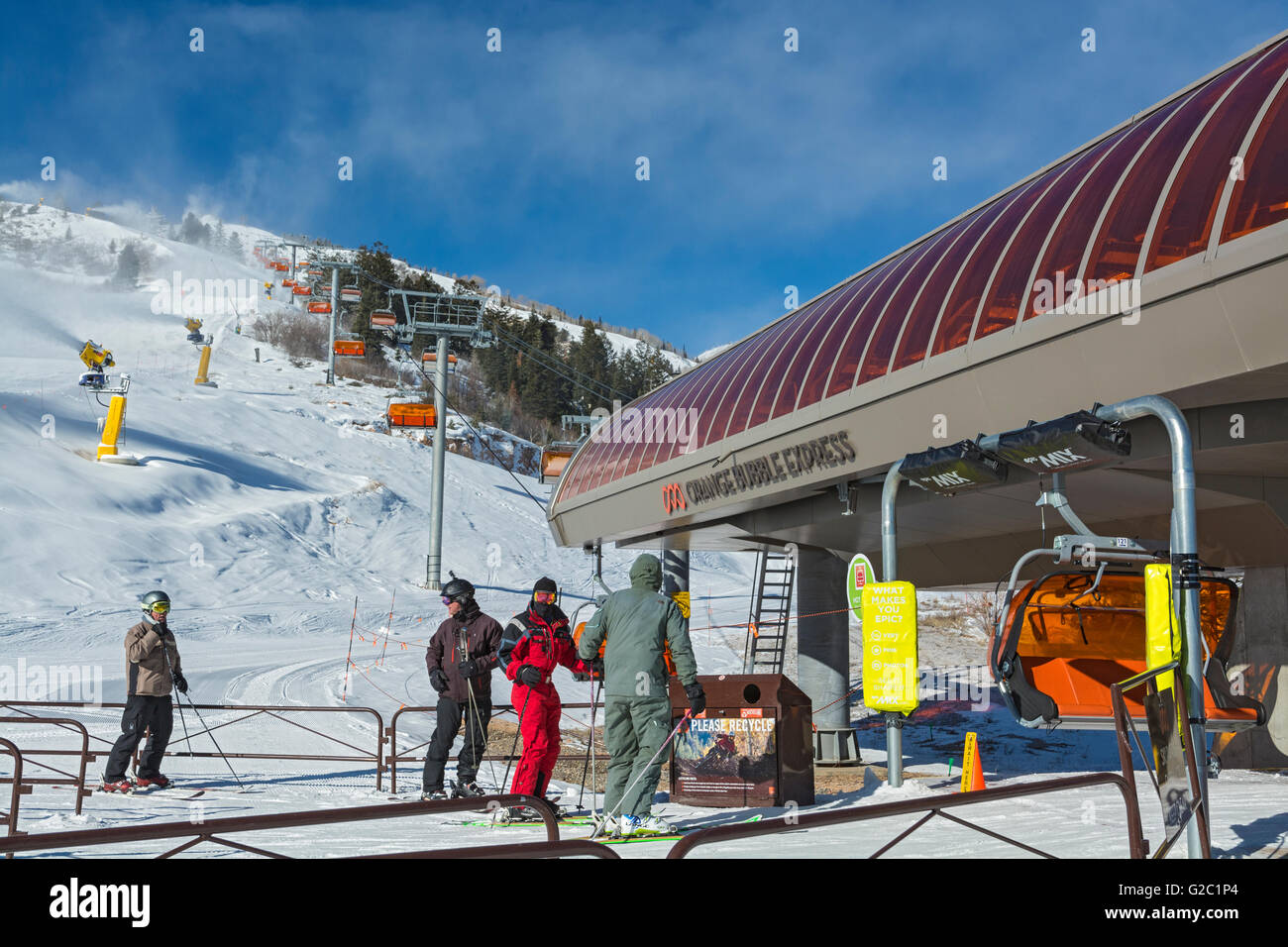 Utah, Park City Mountain, Canyons Village, Orange Bubble Express chairlift, snowmaking in progress Stock Photo