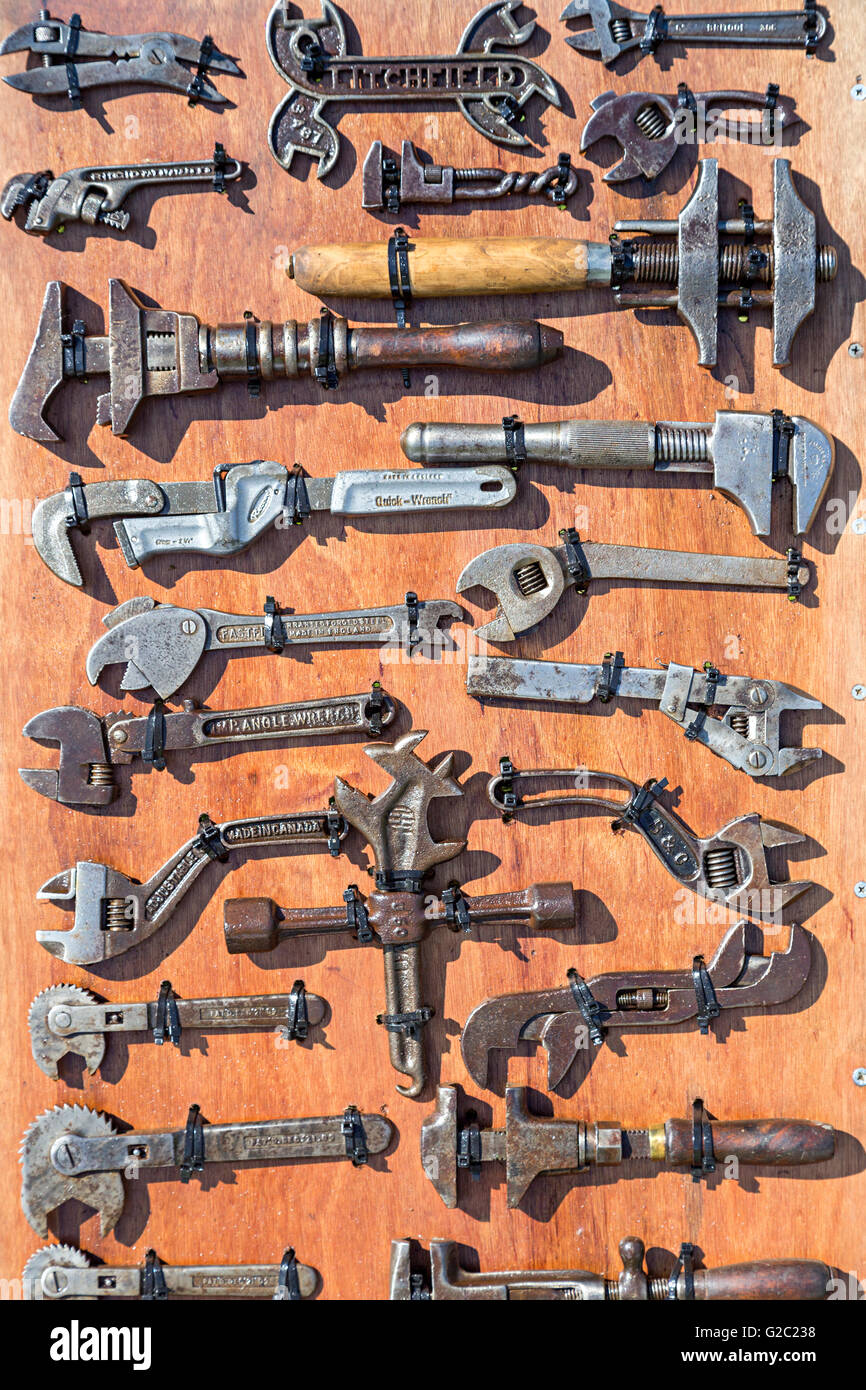 Display of adjustable spanner tools, Abergavenny, Wales, UK Stock Photo