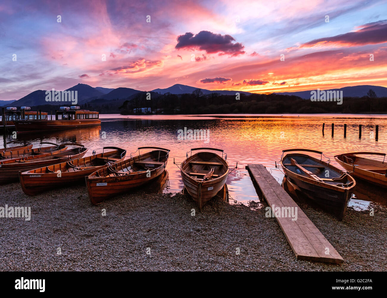 Derwentwater Sunset Rowing Boats and Launch Stock Photo