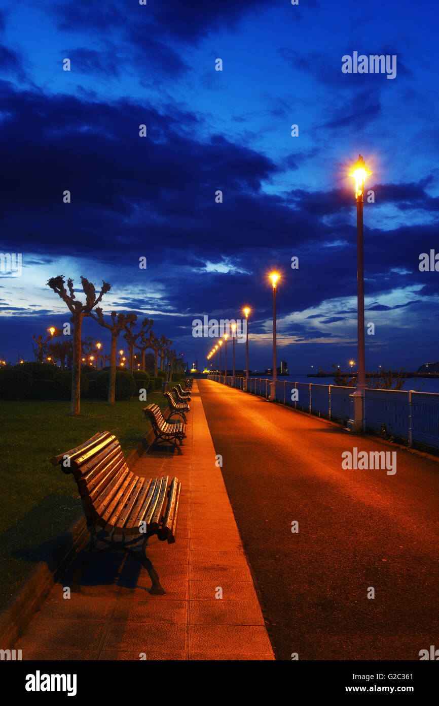 benches and lampposts in a park at the night Stock Photo