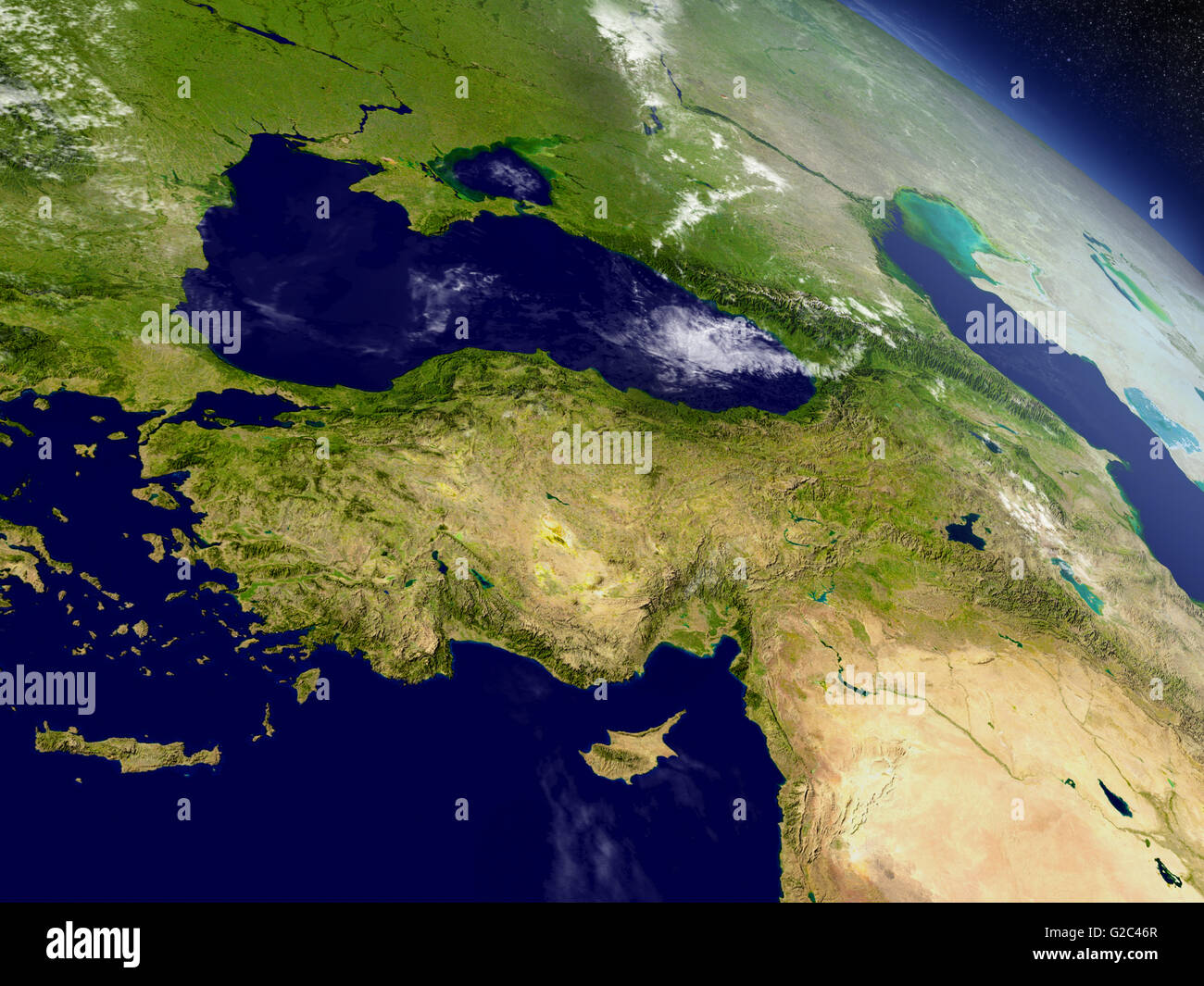 Turkey with surrounding region as seen from Earth's orbit in space. 3D illustration with highly detailed realistic planet surfac Stock Photo